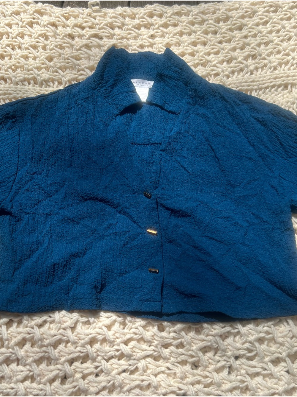 Textured Cropped Button-Front Top in Deep Teal - Picture 1 of 9